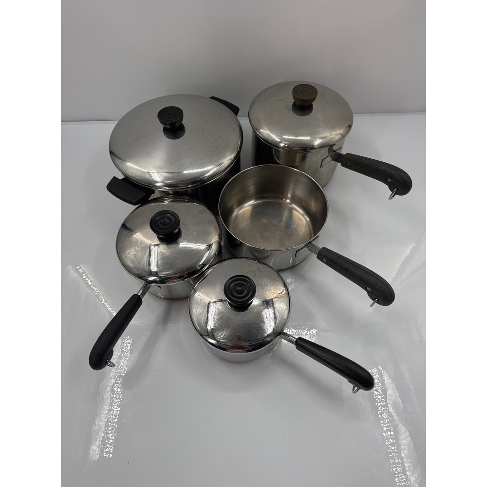 Vintage Revere Ware 1801 Copper Bottom Cookware Set 9 Piece Pots Pans Lids